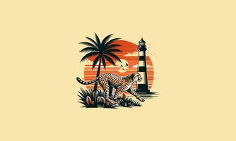 cheetah running on beach and lighthouse vector artwork design