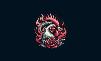head rooster and red rose and flames vector design