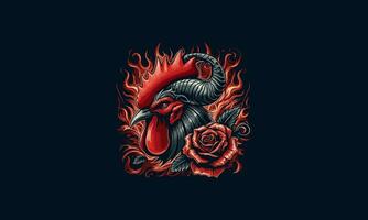 head rooster and red rose and flames vector design