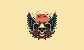 head skull with horn and wings and red rose vector artwork design