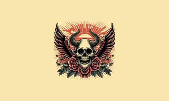 head skull with horn and wings and red rose vector artwork design