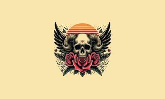 head skull with horn and wings and red rose vector artwork design