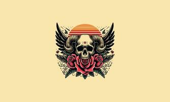 head skull with horn and wings and red rose vector artwork design