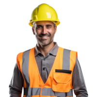 ai generado masculino construcción trabajador con casco aislado en transparente antecedentes png