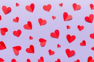 Valentine day background with red hearts, top view with copy space photo