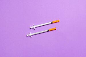 Top view of two insulin syringe at colorful background with copy space. High level of glucose concept photo