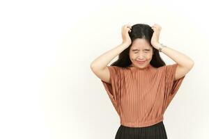 Headache Gesture Of Beautiful Asian Woman Isolated On White Background photo