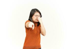 Smelling something stinky and disgusting Of Beautiful Asian Woman Isolated On White Background photo