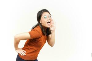 Shouting out loud with hands over mouth Of Beautiful Asian Woman Isolated On White Background photo