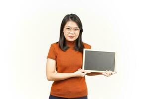 Showing, Presenting and holding Blank Blackboard Of Beautiful Asian Woman Isolated On White photo