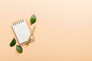 eco-friendly Empty notebook with pen and green leaf on Colored background for note photo