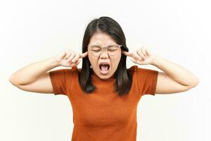 Hears bothering noise Of Beautiful Asian Woman Isolated On White Background photo