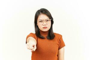 Angry and Pointing to Camera Of Beautiful Asian Woman Isolated On White Background photo