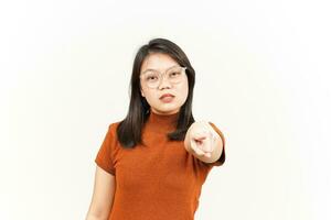 Angry and Pointing to Camera Of Beautiful Asian Woman Isolated On White Background photo