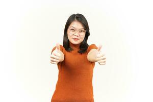 Showing Thumbs Up Of Beautiful Asian Woman Isolated On White Background photo