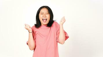 Young asian woman wearing pink t-shirt doing Yes and Celebration Gesture Isolated On White Background photo