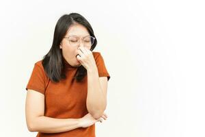 Smelling something stinky and disgusting Of Beautiful Asian Woman Isolated On White Background photo