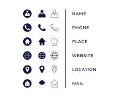 Business card icons Set. Contains icons name, phone, place, website, location, , mail. vector