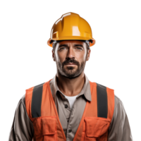 ai generado masculino construcción trabajador con casco aislado en transparente antecedentes png