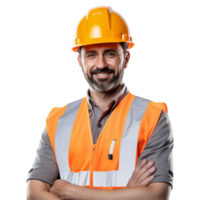 ai généré Masculin construction ouvrier avec casque isolé sur transparent Contexte png