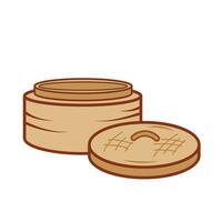 Bamboo dimsum steamer container colored vector icon illustration outlined isolated on plain white background. Simple flat minimalist chinese food dimsum drawing with cartoon art style.