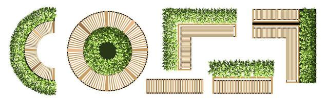 Top view elements for the landscape design plan. Trees and benches for architectural floor plans. Entourage design. Various trees, bushes, and shrubs. Vector illustration.