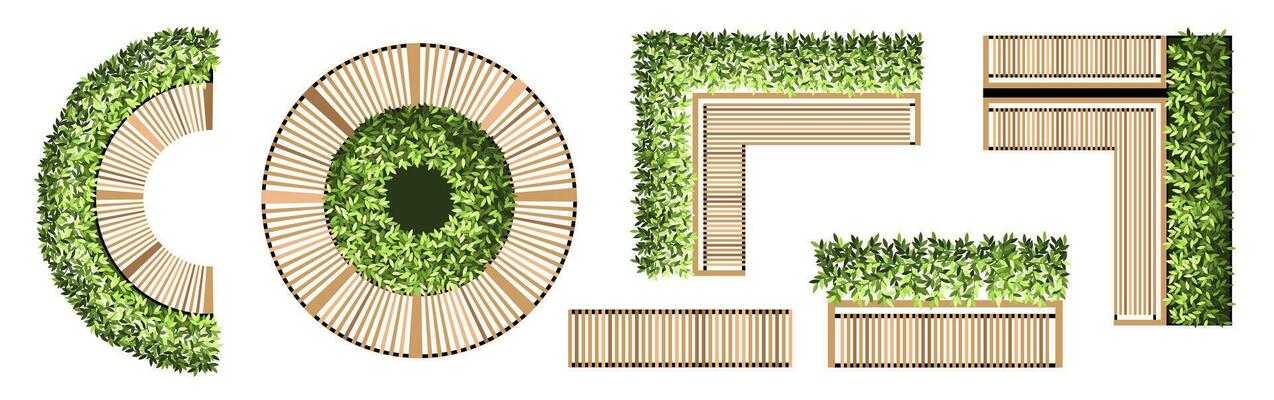 Top view elements for the landscape design plan. Trees and benches for architectural floor plans. Entourage design. Various trees, bushes, and shrubs. Vector illustration.