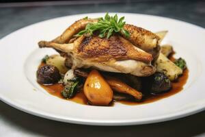 AI generated Plated chicken roast dinner on a white plate with carrot and morel mushroom. AI Generated. photo