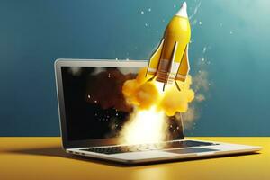 AI generated Launching a new product or service. Technology development process. Space rocket launch. 3d render. Yellow rocket lift up from the display laptop. AI Generative photo