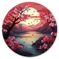 AI generated Cherry blossoms in the sunset background. Japanese tattoo style. AI Generated photo