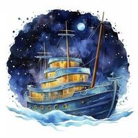 AI generated Night sea ship watercolor style for T-shirt design. AI Generated photo