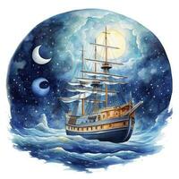 AI generated Night sea ship watercolor style for T-shirt design. AI Generated photo