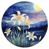 AI generated Watercolor fairy lilies blooming under a starry night sky on a white background. AI Generated photo