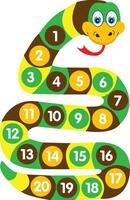 Comic snake with numbers and colors. Illustration of a board game shaped like a viper. Vibora smiles with his tongue out on a white background. Green snake character vector