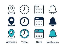 Place, Time, Date and Notification line icons. Calendar, address location pointer and alarm bell. Notice alert, business schedule and office time clock. Location place, date reminder. Vector