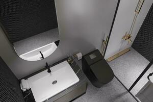 Luxury scandinavian interior style black color bathroom with washbasin and mirror photo