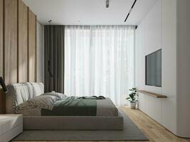 moderno lujo estilo dormitorio zona con de madera decoración en gris tono 3d representación foto