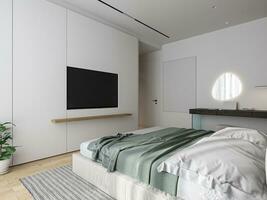 el moderno dormitorio caracteristicas un blanco pared y un madera dura piso. foto