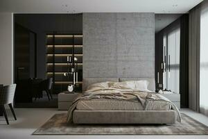 The Stylish interior of a comfortable bedroom. photo