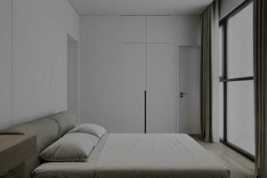Contemporary Chic Nordic Clean clean-style modern bedroom with light gray bed and white wall cabinet. photo