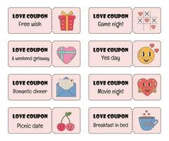 Love Coupons for boyfriend or girlfriend. Valentines day tickets. Love romantic coupons collection, voucher set in retro groovy style for couples. Gift for Valentine day. vector