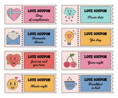 Valentines day tickets, love coupon set for boyfriend or girlfriend. Love romantic coupons collection, voucher set in retro groovy style for couples. Gift for Valentine day. vector