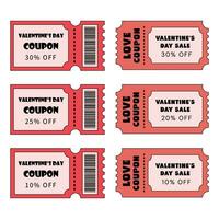 Valentines day tickets, love coupon set. Valentine sale, special offers, discounts coupons for shopping, gifts, restaurants, cinemas, cafes. Voucher holiday sale set in retro style. vector