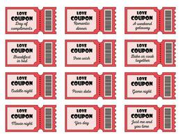 Coupon book for Valentines day. Set of love coupons in trendy retro style. Love coupon for boyfriend or girlfriend. Valentine gift, surprise and present for couples. Valentines day romantic tickets. vector