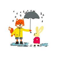 Cute fox and rabbit playing in the rain vector illustration for for fabric, textile and print