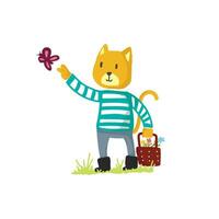 Cute cat playing with butterfly and flowers vector illustration for for fabric, textile and print