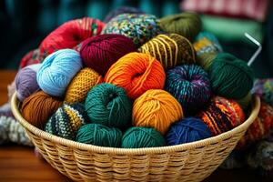 AI generated A basket with balls of yarn for knitting on the table. Hobby. Generated by artificial intelligence photo