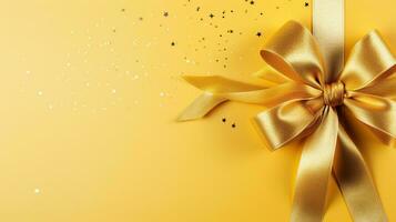 AI generated Golden greeting bow with ribbon on a yellow background. Generated by artificial intelligence photo