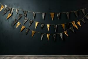 AI generated Festive garland with black and gold flags on a black wall. Generated by artificial intelligence photo