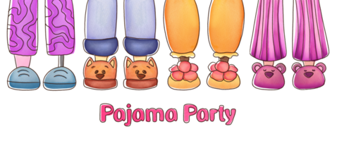 pink Pajama party. Legs in funny fluffy comfort slippers on transparent background. slumber watercolor style for kids. invitation to birthday celebration in comfortable shoes, clothes. Good night png